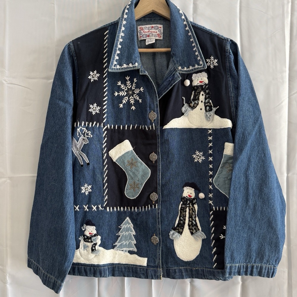 Vtg Tantrums Embroidered Appliqued Denim Christmas Jacket Snowmen Womens L Y2K